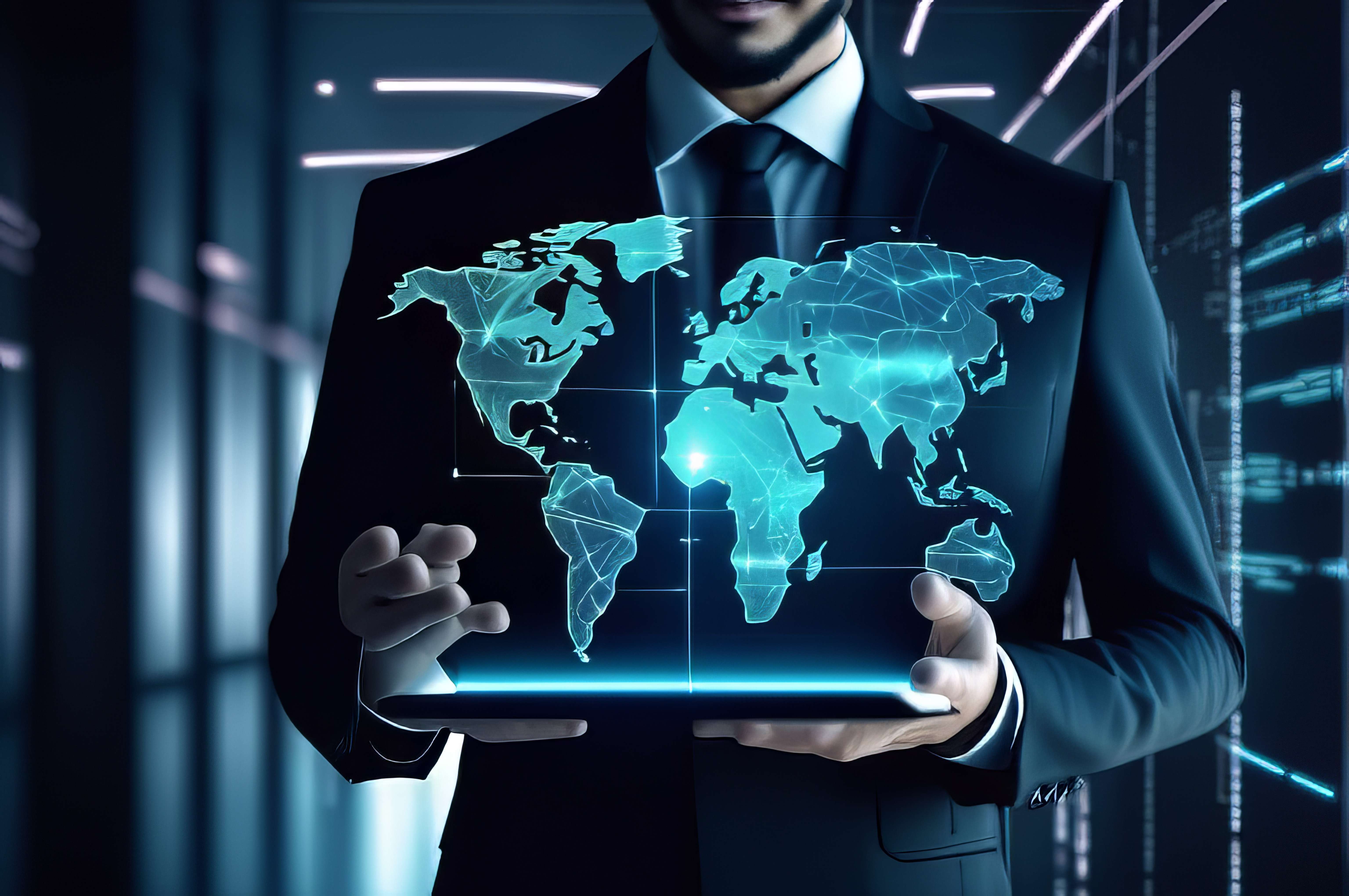 摄图网_382810553_商人展示全球互联网连接的虚拟图形与AI聊天(非企业商用).jpg